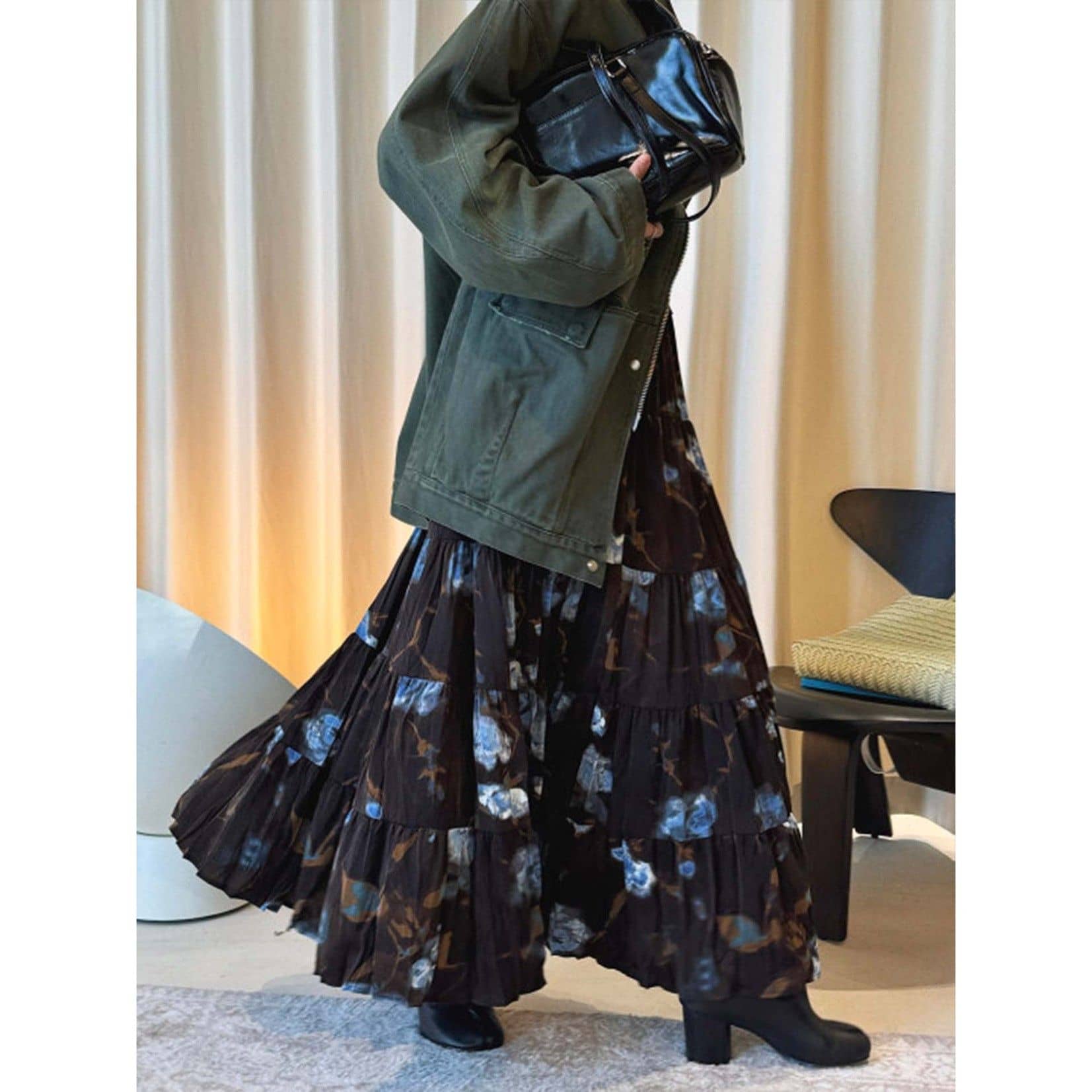 ロングスコート レディース マキシ丈 ティアードスカート 花柄 総柄 タイダイ風 ボヘミアン エスニック 音の大きさ A伝達ルート スコート 酉の方角天然ゴム 体型覆いかぶせる 馬鹿でかい大きさ ゆったり 今めかしい か