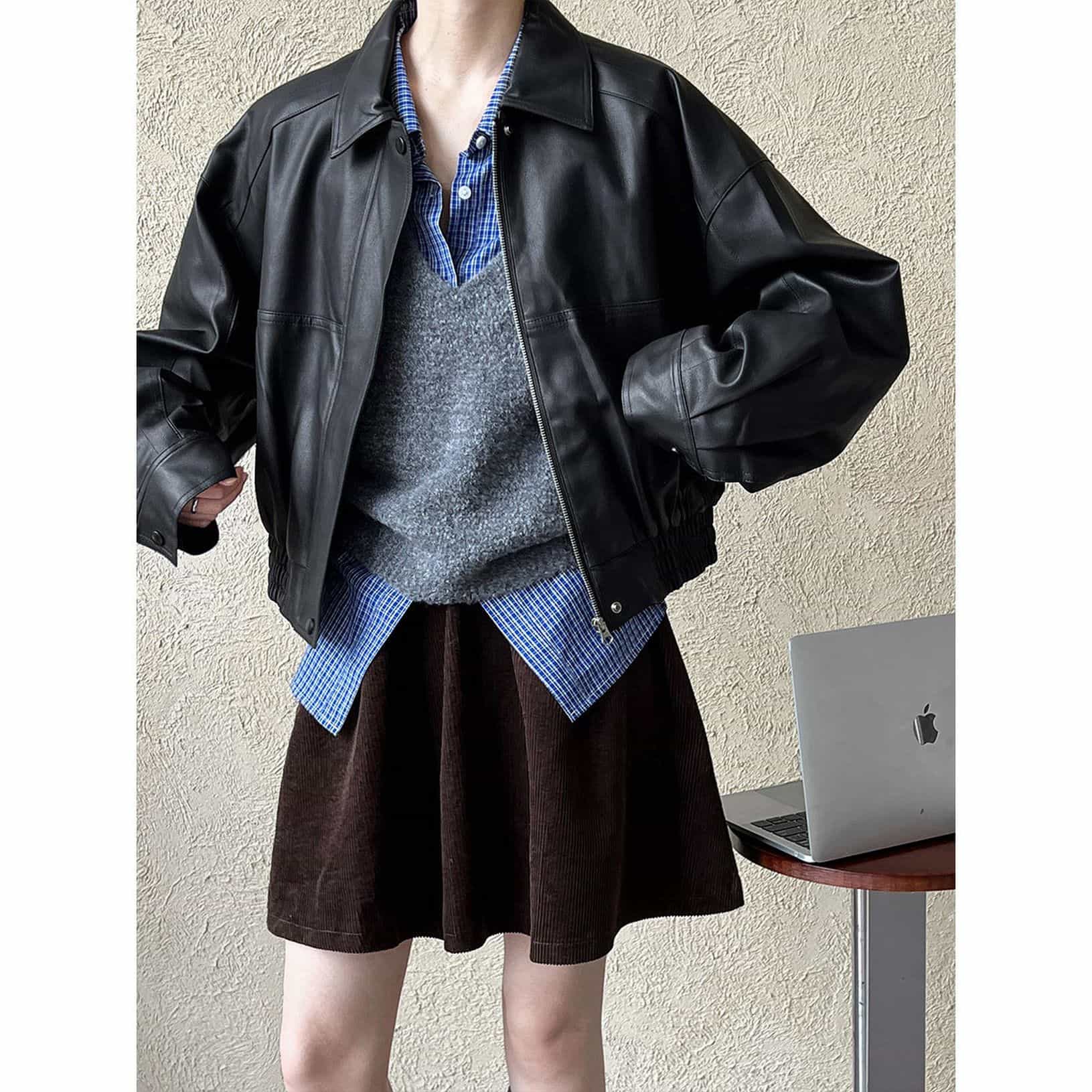 【ヴィンテージ風】レザージャケット レディース ブラウン フェイクレザー ブルゾン オーバーサイズ ショート丈 春秋 ジャンパー 韓国ファッション ストリート系 襟付き ジップアップ ライトアウター｜ゴールドルーフショップ