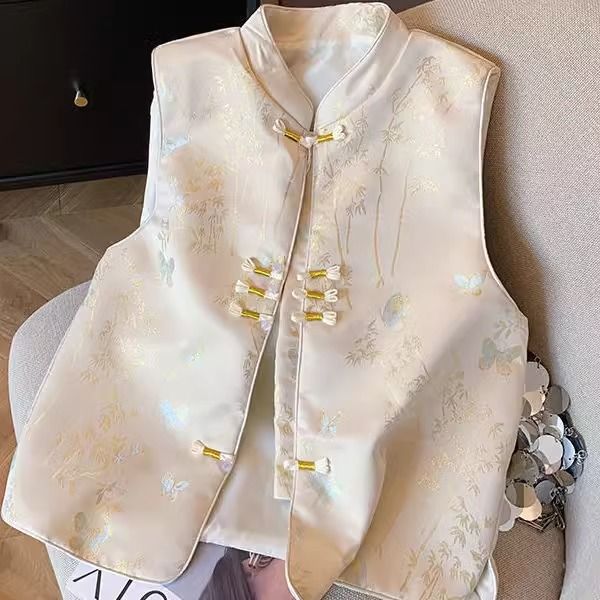 チャイナ風 ベスト レディース ジレ 中華風 トップス 竹柄 蝶柄 ジャガード チャイナボタン スタンドカラー ノースリーブ チョッキ 上品 光沢感 さらさら 重ね着 おしゃれ カジュアル 春 夏 秋