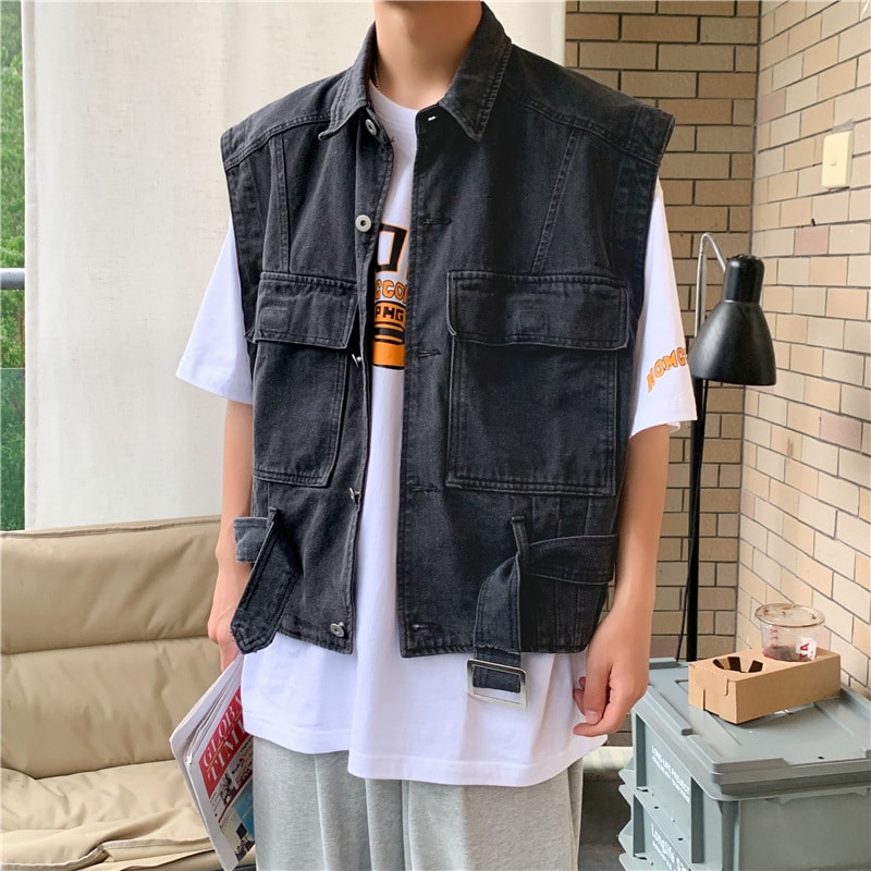 デニムベスト メンズ ストリート系 オーバーサイズ ゆったり ノースリーブ ジャケット 春 夏 秋 カジュアル 重ね着 ビンテージ感 ポケット付き ワークベスト 前開き 通学 旅行 おしゃれ チョッキ