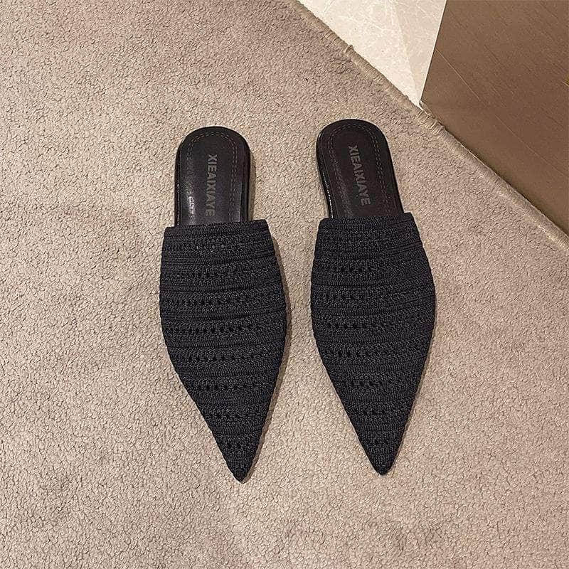 ミュール レディース ポインテッドトゥ パンプス ニット 編み込み メッシュ フラットシューズ ぺたんこ かかとなし スリッパ おしゃれ 蒸れない 痛くない 歩きやすい 通勤 オフィス カジュアル 室