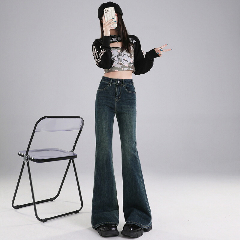 ジーンズ レディース デニムパンツ ハイウエスト ブーツカット ベルボトム 美脚 脚長 着痩せ ストレッチ レトロ Y2K ストリート カジュアル ジーパン ボトムス ダークブルー 標準丈 20代 3