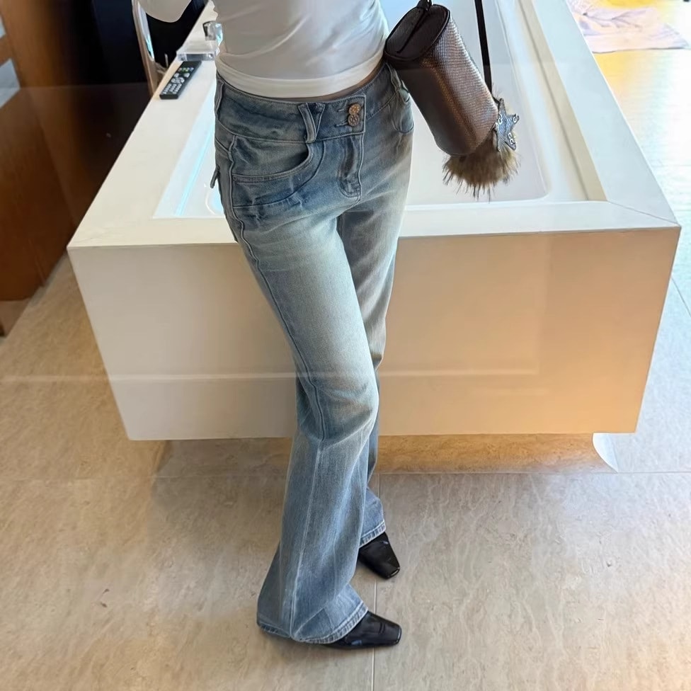 デニム パンツ レディース セミフレア ブーツカット 美脚 脚長 ハイウエスト ジーンズ ジーパン ヴィンテージ風 ウォッシュ加工 カジュアル ボトムス ストレッチ スリム 2つボタン 砂洗 おしゃれ