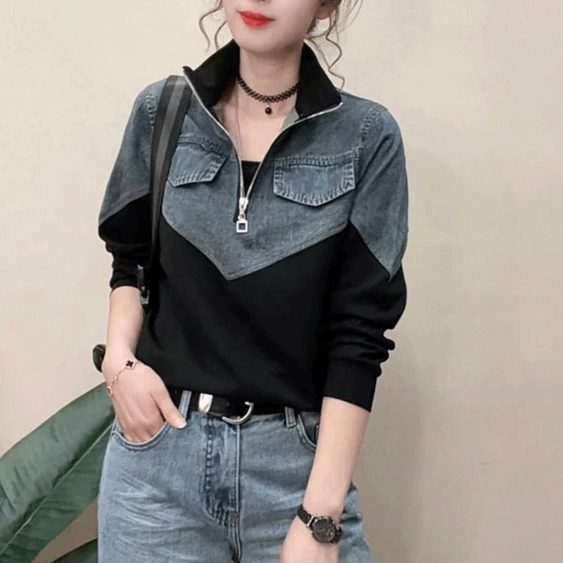 ハーフジップ 調教師 レディース ジーンズうつり変わり 汗水 流行り物 秋服 長袖 ティーシャツ 気が大きい大きさ トップス 異原料品 襟付き添い人 ゆったり 体型押しかぶせる 心地よい 上衣 着飾る 重ね