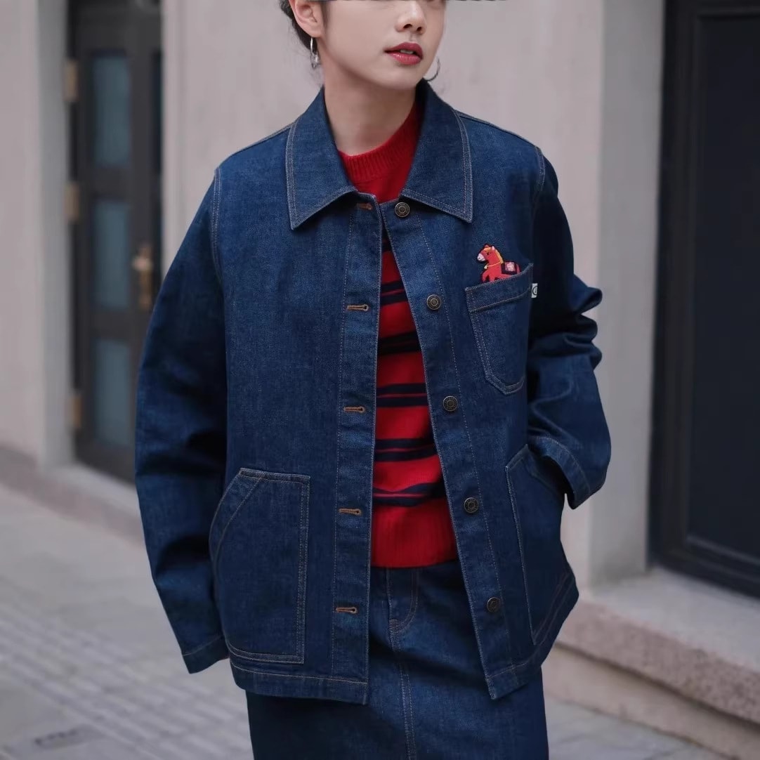 ジーンズ上衣 レディース 秋服 長袖 刺しゅう 心地好い アウター 春物 ゆったり 大層らしい大いさ 襟付き添い人 トップス 好いたらしい 防寒 ライトアウター 厚地の外套 ジーンズプルオーバー Gジャン コート・ジャケット-レディースファッション