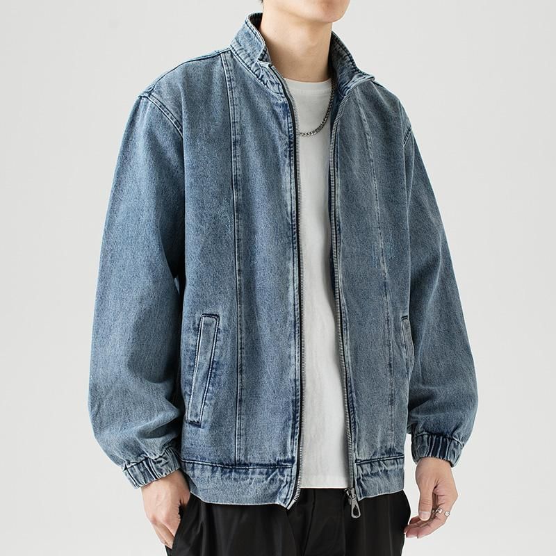 デニムジャケット メンズ ジップアップ スタンドカラー Gジャン ヴィンテージ風 ウォッシュ加工 ゆったり ビッグシルエット ブルゾン 春 秋 冬 カジュアル ストリート 薄手アウター 羽織り 大きい|ゴールドルーフショップ
