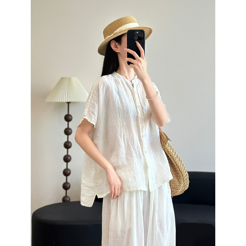 綿麻 ブラウス レディース バンドカラー 半袖 シャツ 夏用 カジュアル ゆったり 通気 吸汗 涼しい 大人用 日除け オーバーサイズ ナチュラル 旅行 普段着 事務服 春夏用 レディースシャツ 大人
