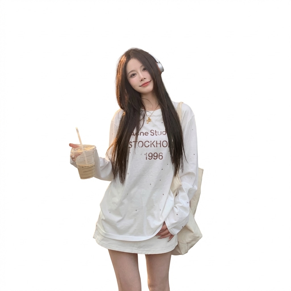 レディース 長袖 Tシャツ ロゴ ラインストーン ビジュー オーバーサイズ ロンT トップス ゆったり カジュアル ストリート 春 秋 大きいサイズ 体型カバー クルーネック 丸首 プルオーバー 通学