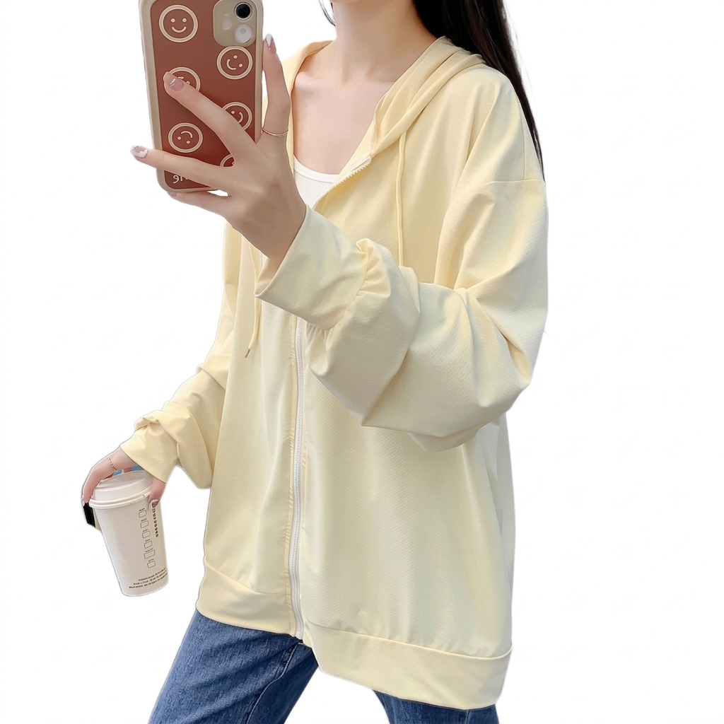 レディース 紫外線対策 パーカー 薄手 接触冷感 ジップアップ フード付き オーバーサイズ ゆったり 長袖 無地 夏用 涼しい トップス カジュアル 体型カバー 日焼け防止 冷房対策 外出 散歩 海