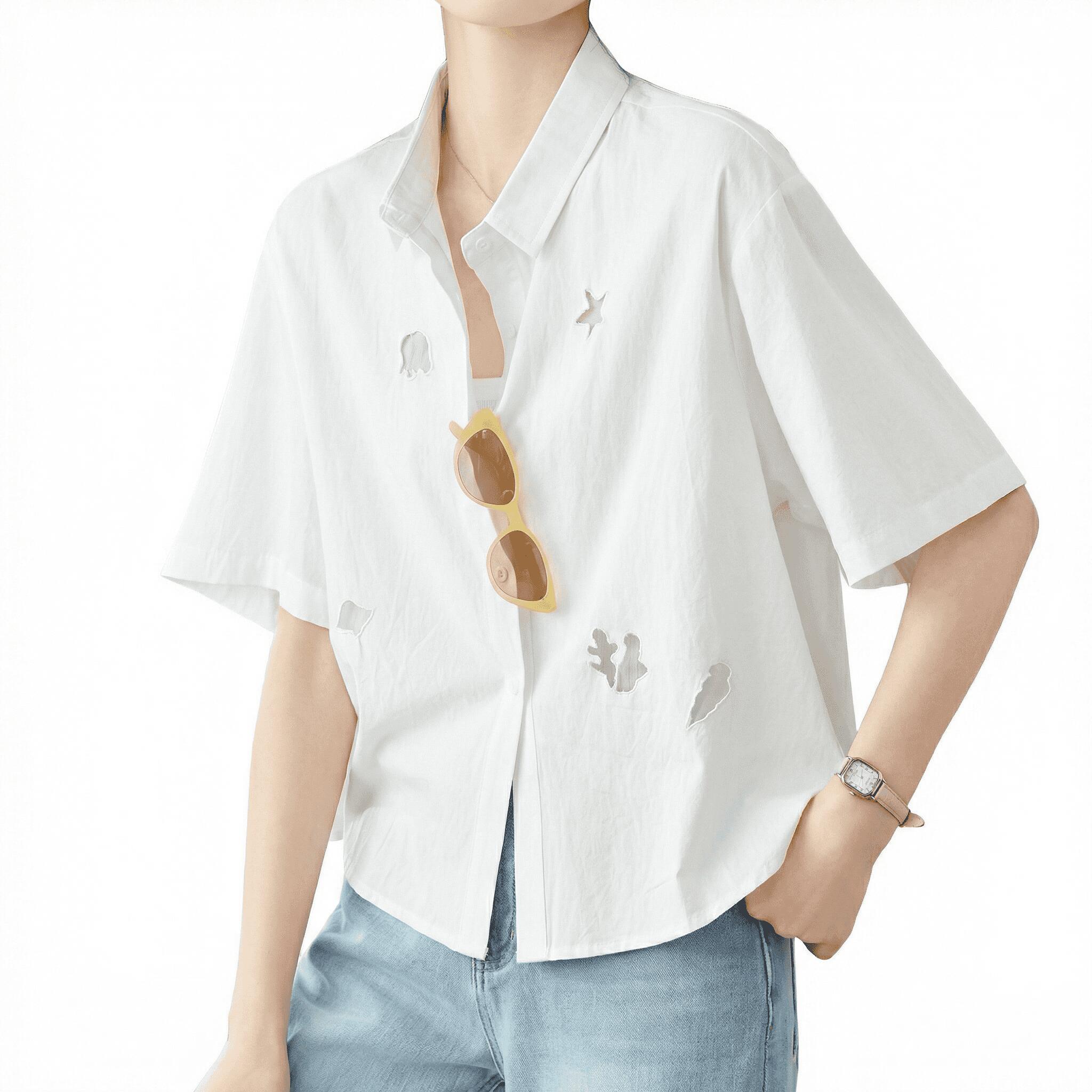 ブラウス レディース 半袖 襟付き シャツ トップス 事務服 オフィス 通勤 通学 カジュアル ゆったり カットアウト 抜き襟 刺繍 パンチング レース 涼しい 大きいサイズ 夏 爽やか 清潔感 抜け
