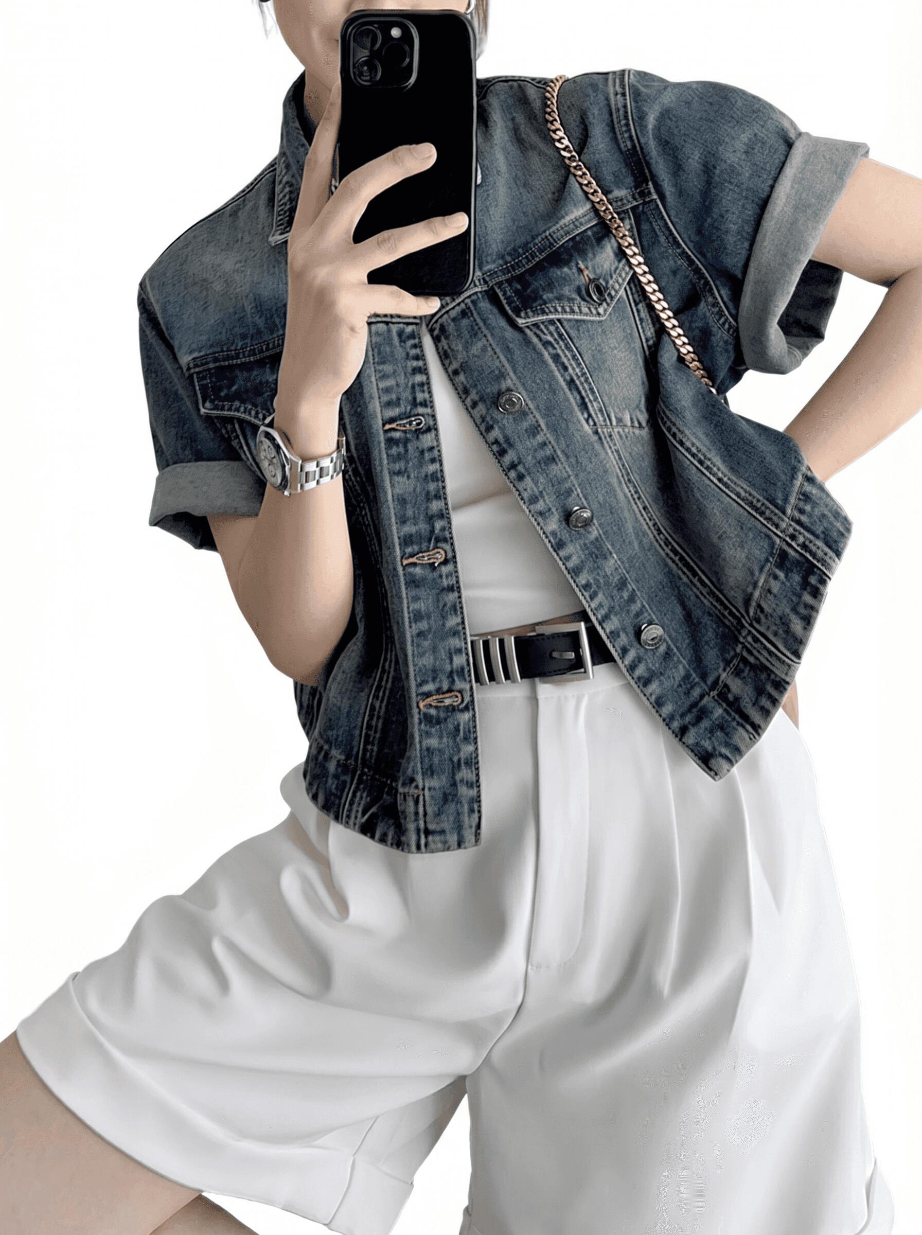 デニムジャケット レディース 半袖 シャツ 羽織り 薄手 ゆったり カジュアル アウター レトロ 襟付き 前開き 着痩せ 体型カバー 夏 普段着 通勤 お出かけ 涼しい 無地 シンプル 軽い 可愛い