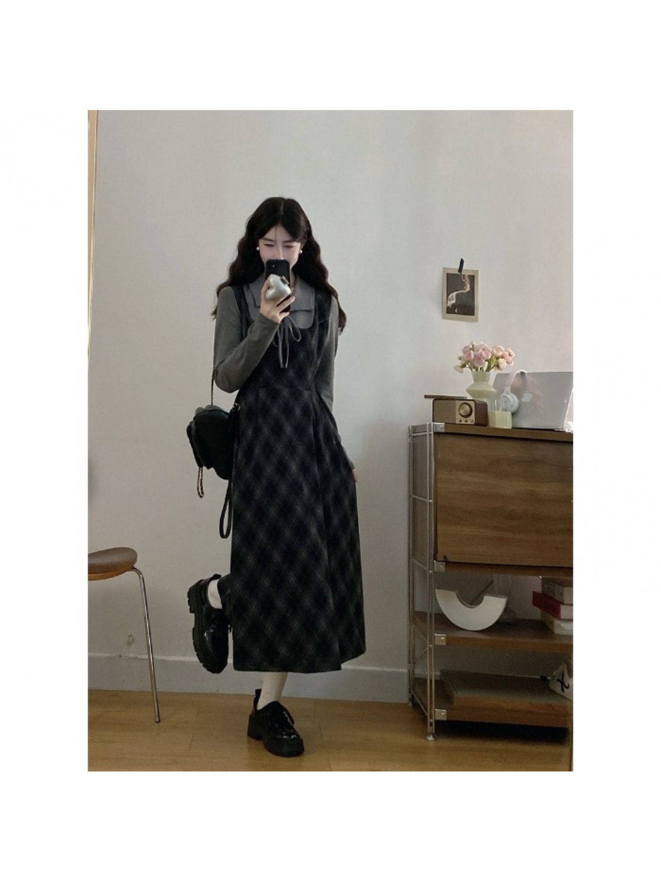 【重ね着風】ワンピース レディース チェック柄 襟付き ロングワンピース 長袖 フェイクレイヤード ワンピ ミモレ丈 Aライン 切り替え 異素材 ドッキング リボン カジュアル ガーリー レトロ 大人可愛い 大きいサイズ ゆったり 体型カバー 着痩せ 細見え 春 秋 冬