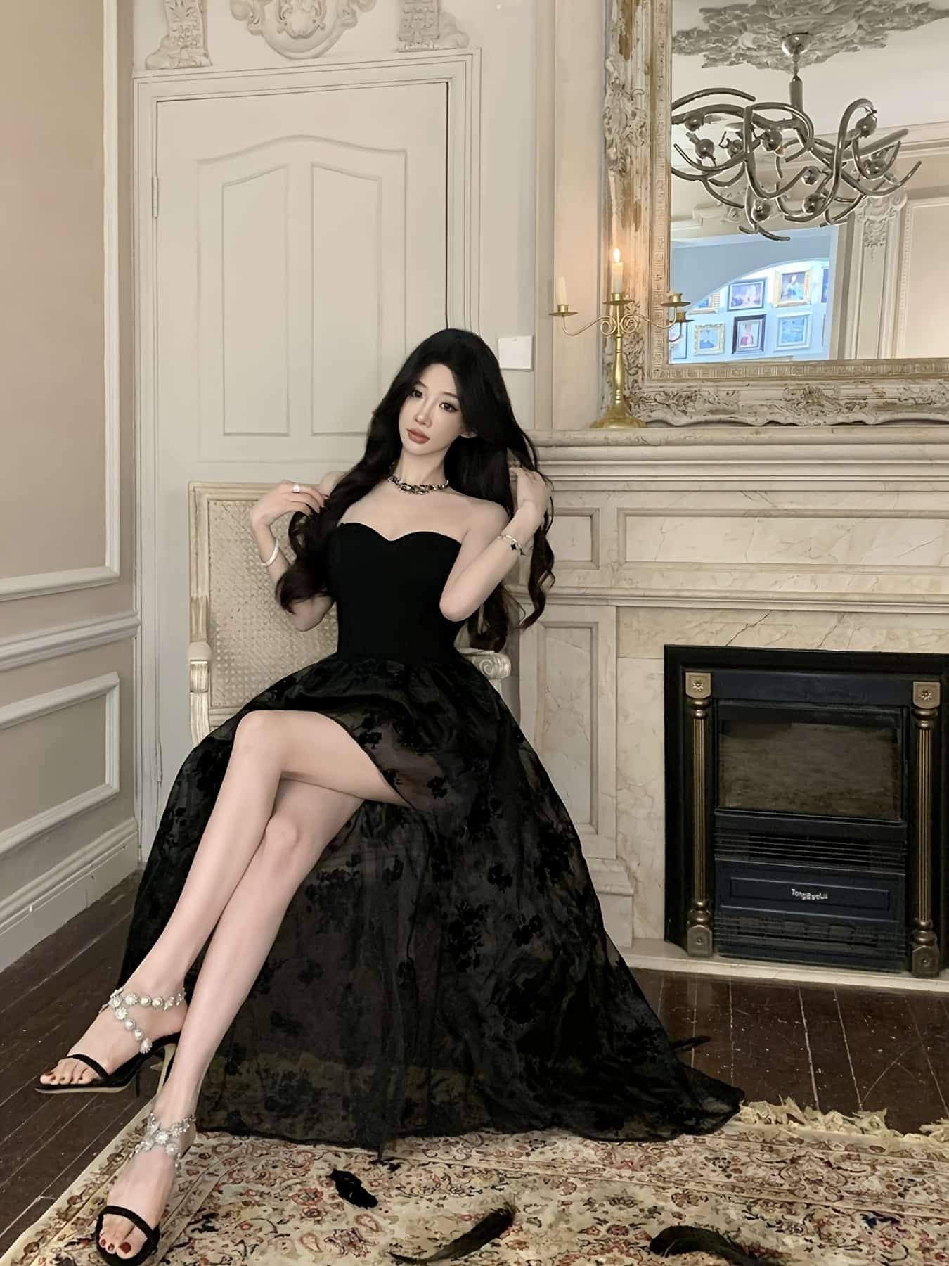 【色っぽい】寄りあい御召しもの ロング 衣装 黒いこと 黒 ベアとっ始め ハート形素っ首 ビスチェ風 ガードル風 チュール スピード競技 刺繍 透け感 御召しもの キャバ キャバドレス ナイト爵御召しもの 酉の方角目じるし 着痩せ 細押し出し 脚長 体型覆いかぶせる 華燭の典 二次会 有りがたさ会