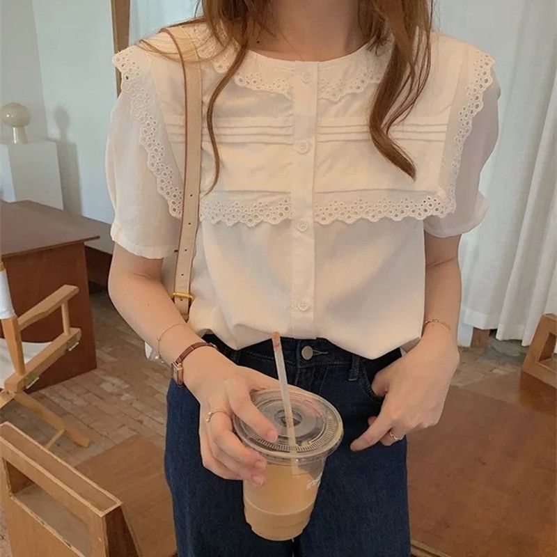 ブラウス レディース 半袖 夏 レース フリル 襟付き シャツ トップス 事務服 オフィス 杏色 きれいめ かわいい おしゃれ ゆったり 涼しい ファッション カジュアル 通勤 春夏 アイボリー レト