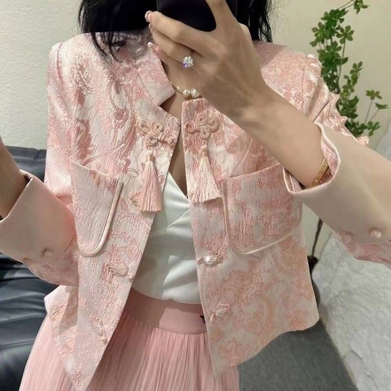 チャイナ風 ジャケット レディース ショート丈 春秋 アウター チャイナボタン ジャガード 花柄 きれいめ 上品 立ち襟 ブルゾン 中華風 レトロ 軽アウター カジュアル お洒落 大きいサイズ ブラウ
