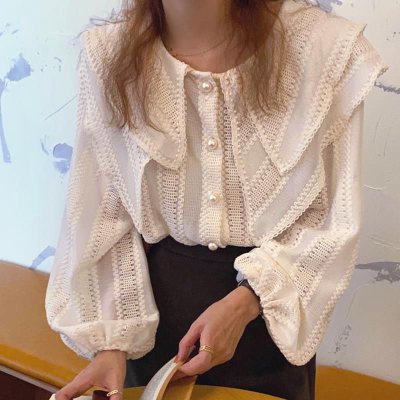 ブラウス レディース 長袖 フリル ビッグカラー レース シャツ 大人可愛い 襟付き 白 ぽわん袖 パフスリーブ トップス シアー 透け感 きれいめ 上品 フェミニン レトロ ヴィンテージ ガーリー