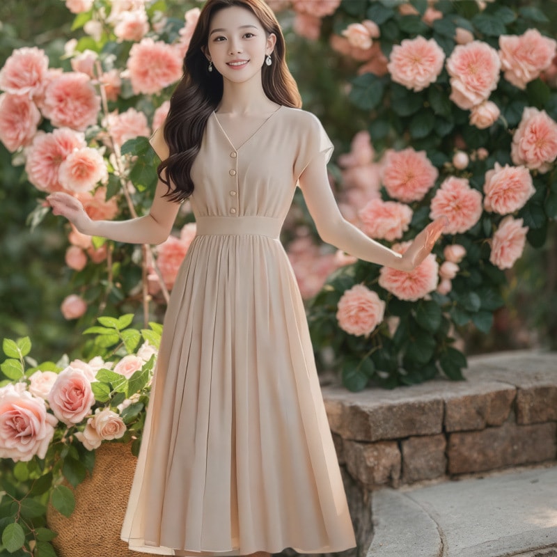ワンピース レディース ロングワンピース 半袖 Vネック ウエストマーク シフォン プリーツ Aライン きれいめ 大人可愛い フェミニン エレガント 上品 着痩せ 体型カバー カジュアル お呼ばれ 通