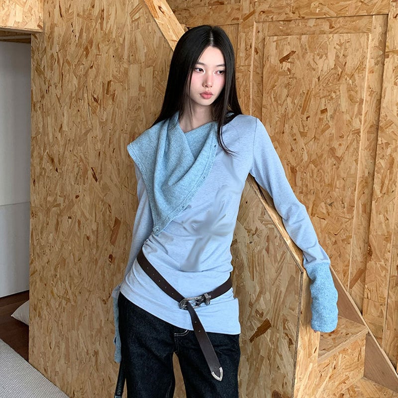 カットソー レディース 長袖 ティーシャツ アシンメトリー レイヤード ニット 切り替え タイト トップス 個性的 クルーネック 重ね着風 春 秋 冬 カジュアル ストリート ファッション おしゃれ