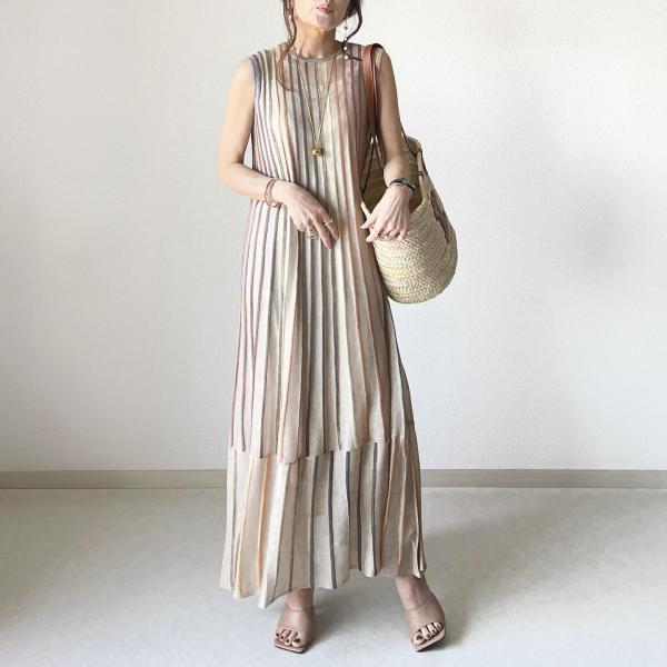 ワンピース レディース 縦ストライプ ティアードワンピース タンク ロングワンピース マキシ丈ワンピース クルーネック ノースリーブ ゆったり リゾートワンピース 夏物 春物 ドレス カジュアル サマ