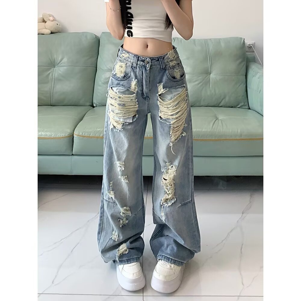 ジーンズ レディース デニムパンツ ダメージ 加工 ワイドパンツ ハイウエスト ストリート系 ゆったり 夏 ロング丈 クラッシュ 美脚 脚長 ヴィンテージ風 ファッション ワイツーケー ズボン ジーパ