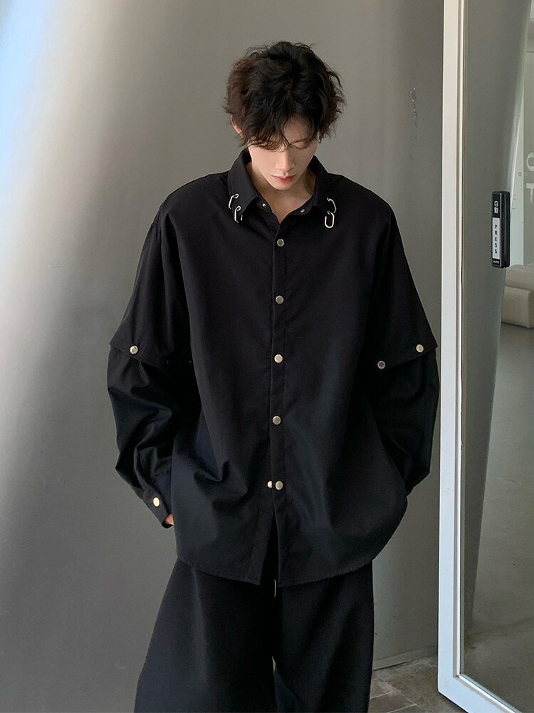 メンズ シャツ 長袖 襟 リング 付き スタッズ パンク ゴシック ファッション モード系 ストリート 個性的 ゆったり おしゃれ ビッグシルエット かっこいい 綺麗め トップス 秋服 冬服 カジュア
