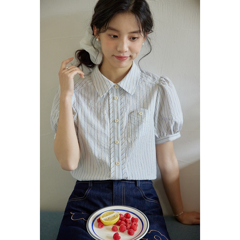 ブラウス レディース 半袖 パフスリーブ 襟付き トップス 清楚 上品 きれいめ 大人可愛い 夏服 オフィスカジュアル 通勤 通学 事務服 レトロ ガーリー 快適 涼しい 前開き ゆったり おしゃれ