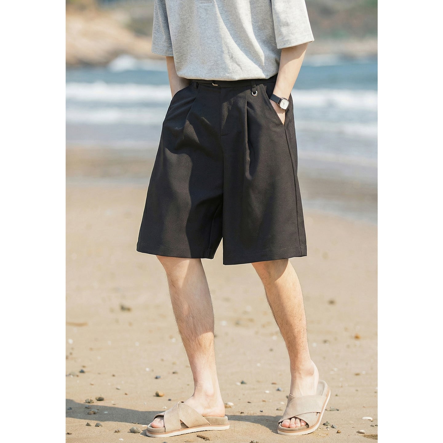 ショートパンツ メンズ ハーフパンツ タック入り ワイド 膝丈 さらさら 涼しい 通気性 キレイめ カジュアル ビジネス 通勤 クリーンフィット 速乾 軽量 ゆったり 無地 ボトムス 五分丈 夏服 半