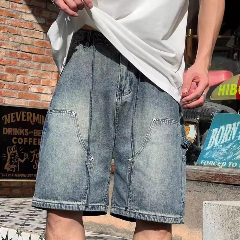 デニムハーフパンツ メンズ カーゴショーツ ワイド 膝丈 ヴィンテージ加工 ストリート ワークパンツ カジュアル 夏服 5分丈 ボトムス ジーパン 短パン おしゃれ ゆったり コットン ハーパン ワー