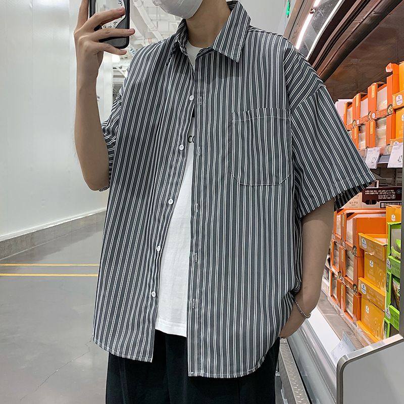 シャツ メンズ 半袖 ストライプ カジュアル ブルー オーバーサイズ ビッグシルエット 夏服 ゆったり 軽い 涼しい 清潔感 きれいめ 羽織り 大きいサイズ ワークシャツ 通勤 通学 トップス コット