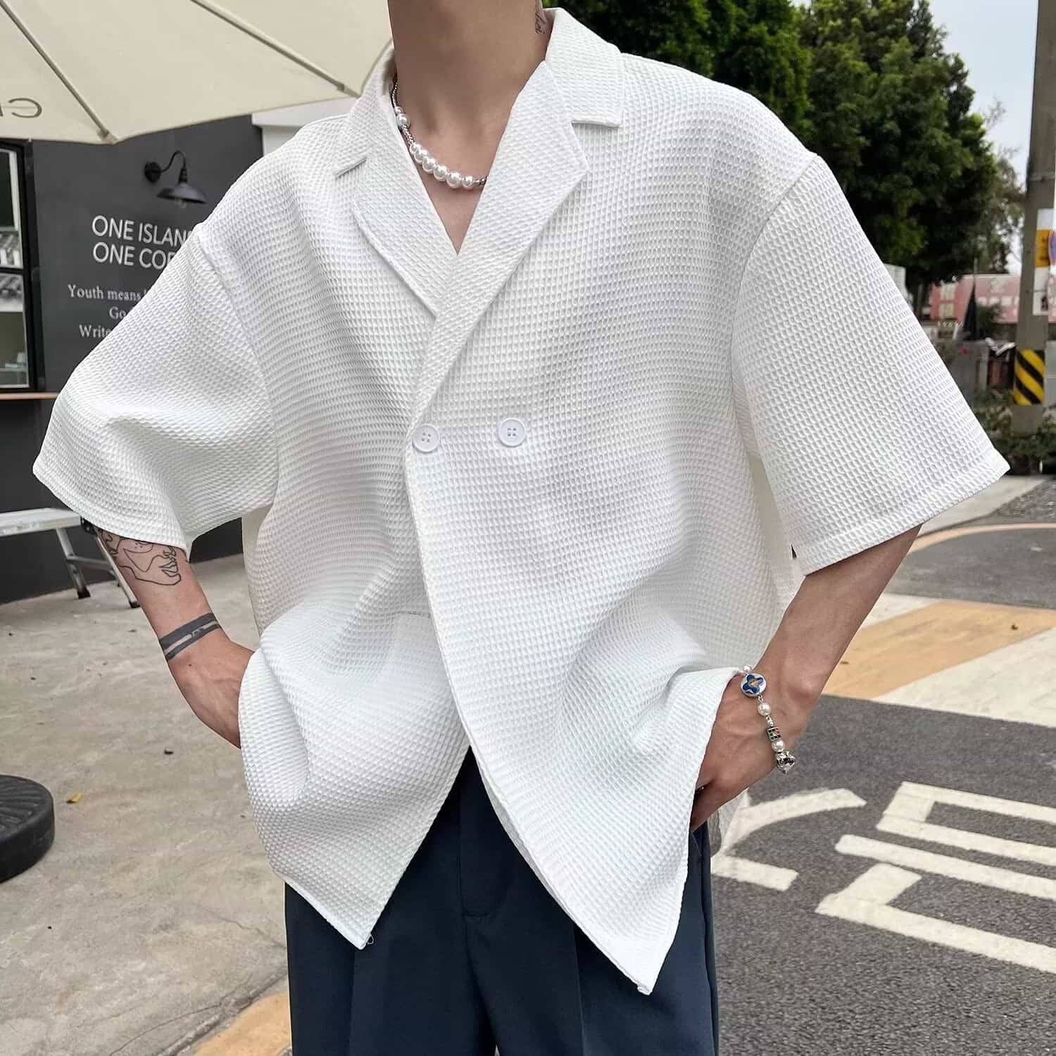 カジュアルシャツ メンズ 半袖 ワッフル生地 ダブルボタン 開襟シャツ ビッグシルエット ゆったり トップス ドロップショルダー 襟付き 軽い おしゃれ かっこいい 春用 夏用 部屋着 外出 通学 無