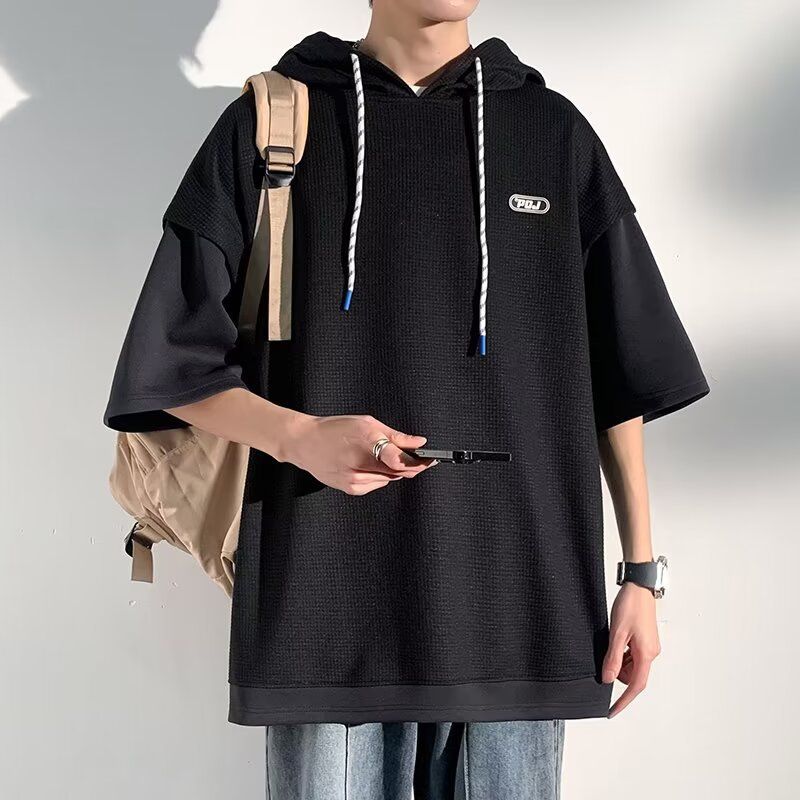 パーカー 半袖 メンズ 夏服 フード付き ワッフル生地 フェイクレイヤード 重ね着風 ビッグシルエット オーバーサイズ カジュアル プルオーバー おしゃれ 大きいサイズ 無地 春 夏 秋 ストリート系