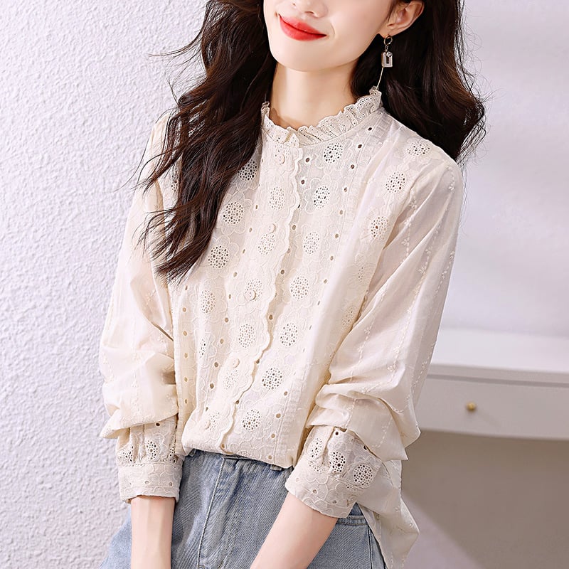 ブラウス レディース 長袖 刺繍 レース フリル 立ち襟 シャツ 事務服 トップス 清楚 通勤 カジュアル お洒落 可愛い 上品 ゆったり 柔らかい 綿 春 秋