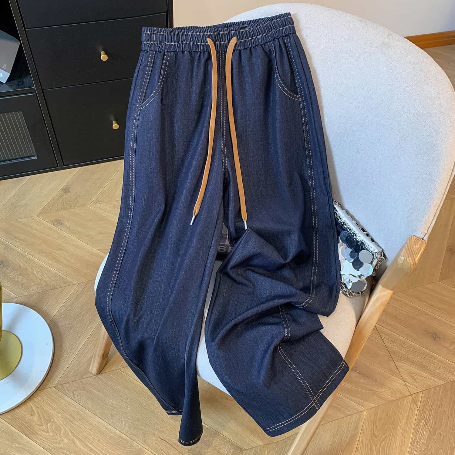 テンセルデニム ワイドパンツ レディース デニム ストレート パンツ 接触冷感 涼しい ウエストゴム 紐付き ロングパンツ 落ち感 薄手 ゆったり 体型カバー 大人 カジュアル きれいめ ボトムス 春
