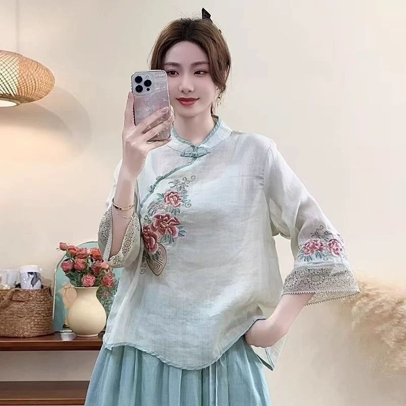 チャイナ服 ブラウス レディース 夏秋 チャイナドレス風 トップス 刺繍 花柄 立ち襟 五分袖 綿麻混 民族衣装 カジュアル おしゃれ ゆったり 大きいサイズ 柔らかい 快適