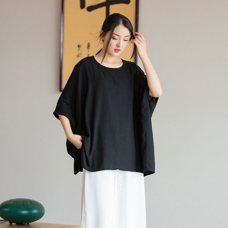 トップス ゆったり 森ガール オーバーサイズ ドルマンスリーブ 綿麻 ブラウス Tシャツ カットソー 半袖 体型カバー ナチュラル レトロ 民族風 涼しい 通気 無地 大きいサイズ チュニック 春 夏