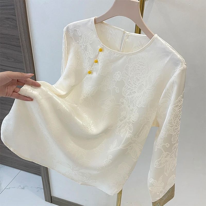 ブラウス レディース 長袖 ジャガード 花柄 上品 きれいめ オフィス 通勤 フォーマル クルーネック トップス エレガント 光沢感 無地風 発表会 入学式 卒業式 春 夏 秋