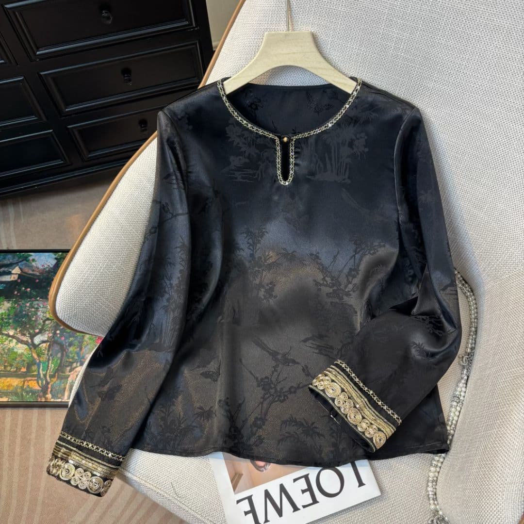 ブラウス レディース チャイナ風 シャツ 長袖 ジャガード 刺繍 トップス エレガント 上品 民族衣装 フォーマル 40代 50代 60代 秋 春 光沢 サテン お呼ばれ 披露宴 二次会 華やか 立ち