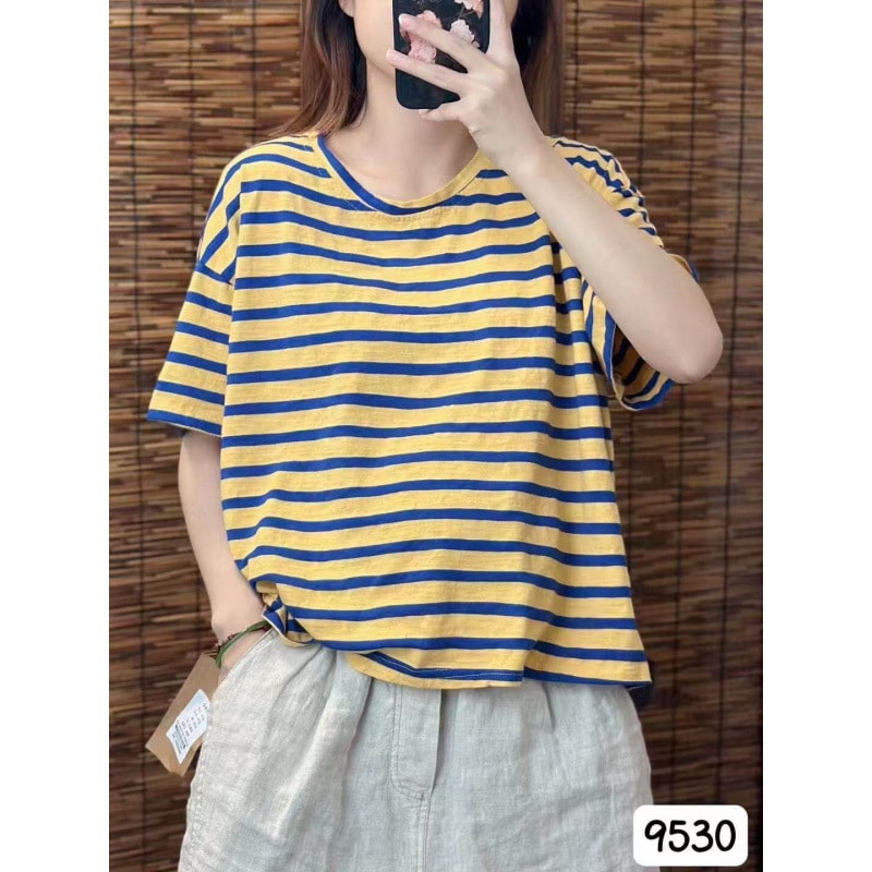 ボーダー Tシャツ レディース 半袖 クルーネック ゆったり カットソー オーバーサイズ ドロップショルダー カジュアル トップス 柔らかい 普段着 春 夏 秋 ティーシャツ 丸首 体型カバー