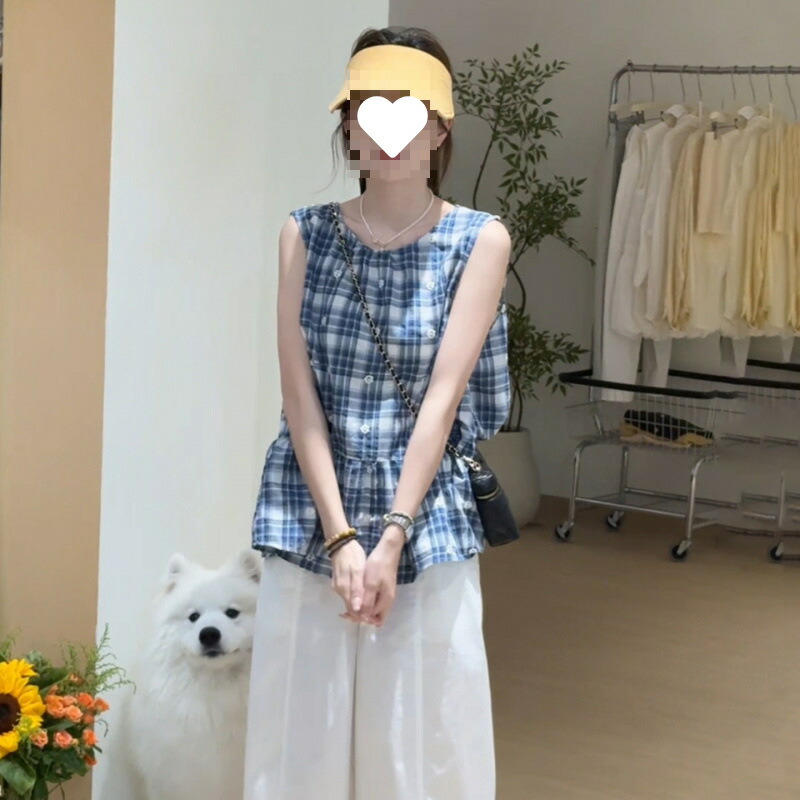 ブラウス レディース ノースリーブ チェック柄 チュニック 夏 フェミニン フレア トップス 大人可愛い カジュアル 前開き 前ボタン クルーネック ナチュラル 涼しい 春服 夏服 通勤 通学 お出か