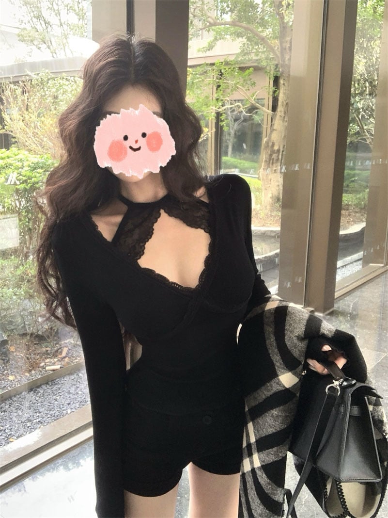 ニット トップス レディース レース Vネック 胸元 あき セクシー カットソー 長袖 指穴付き タイト スリム リブニット 春 秋 冬 清楚 エロカワ ファッション 地雷系 きれいめ 大人 可愛い