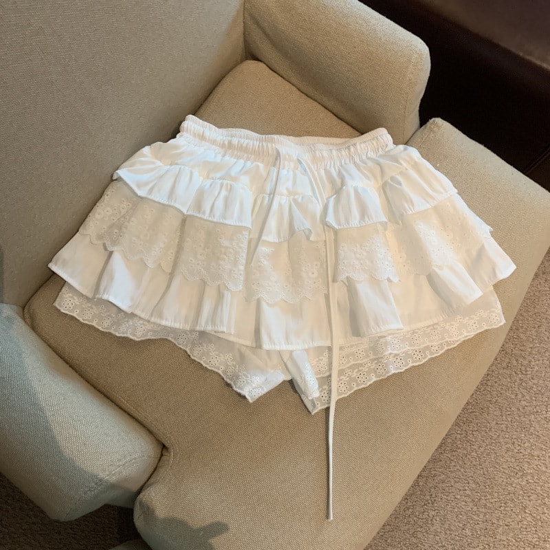 ミニスカート レディース スカパン フリル レース ティアード キュロット ショートパンツ Aライン ウエストゴム リボン ガーリー 地雷系 森ガール 可愛い 夏 ホワイト
