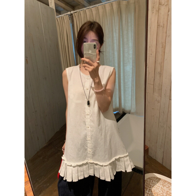 チュニック レディース 夏 ノースリーブ ブラウス 裾プリーツ アシンメトリー ロング チュニックワンピース 体型カバー お洒落 ナチュラル レトロ 可愛い イエロー