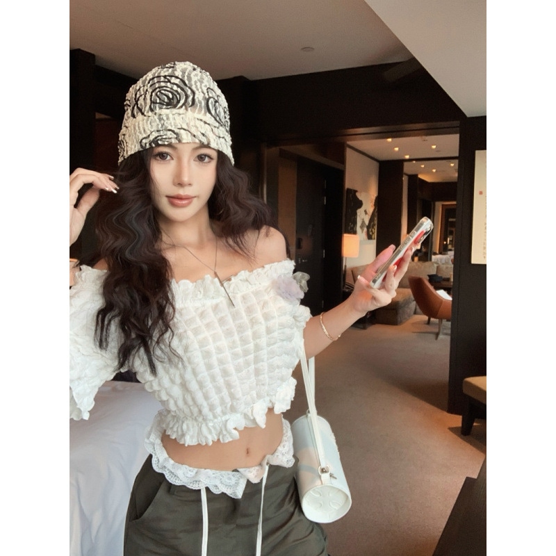 オフショルダー Tシャツ レディース へそ出し クロップド丈 ポコポコ シャーリング トップス フリル レース 花モチーフ 可愛い セクシー Y2K ファッション 夏服 白 ホワイト