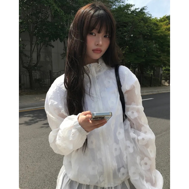 ジャケット レディース ブルゾン 花柄 シアー 透け感 薄手 夏用 ジャンパー ファッション カジュアル ゆったり ジップアップ アウター 日焼け防止 UVカット 冷房対策 可愛い レトロ 涼しい ブ