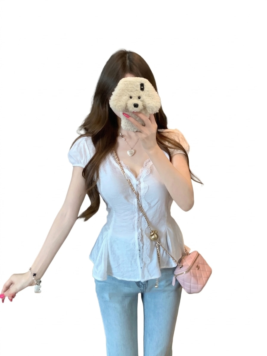 ブラウス レディース 半袖 Vネック レース トップス ペプラム チュニック ウエストマーク フレンチスリーブ 夏服 フェミニン 大人可愛い カジュアル お洒落 きれいめ 痩せ見え