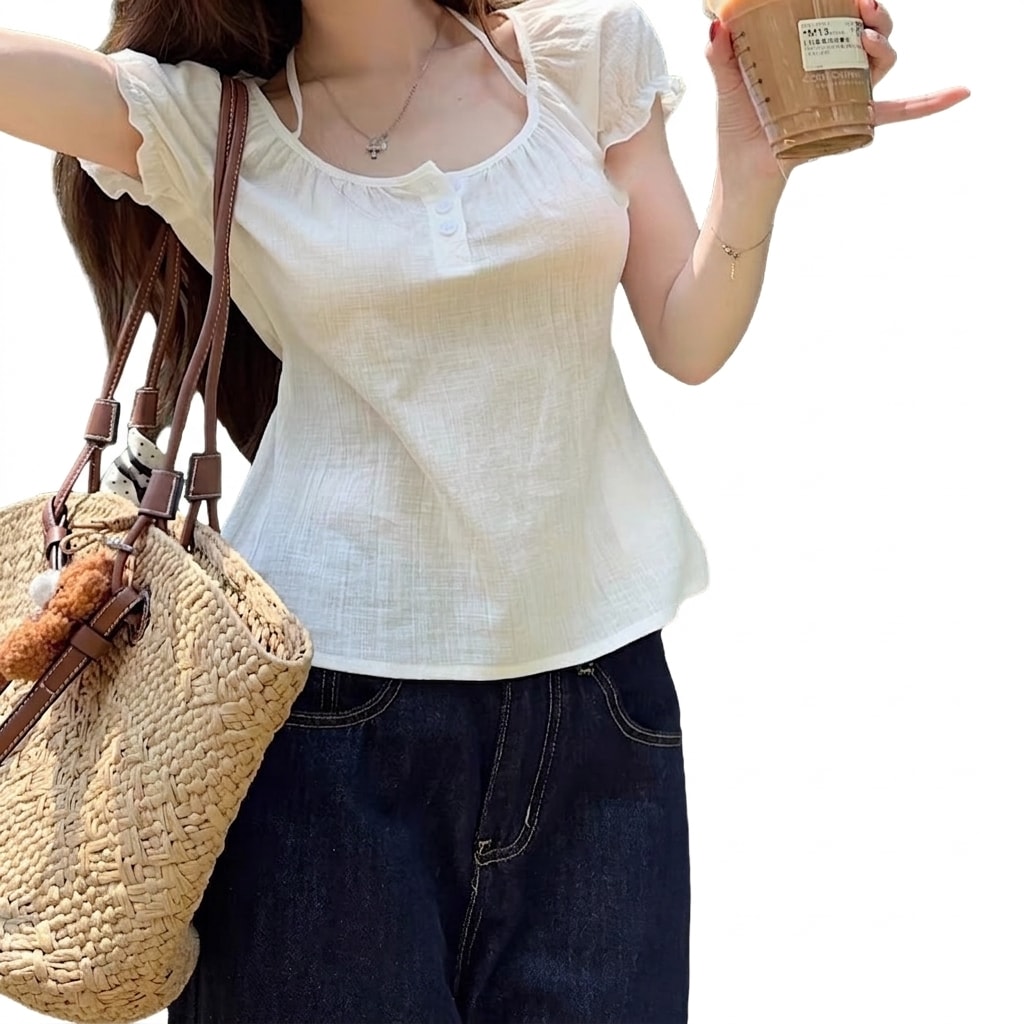 ホルターネック Tシャツ レディース 半袖 重ね着風 トップス カットソー カジュアル ボタン付き スリム フィット 着痩せ 春 夏 秋 フェミニン きれいめ ファッション おしゃれ 無地 柔らかい