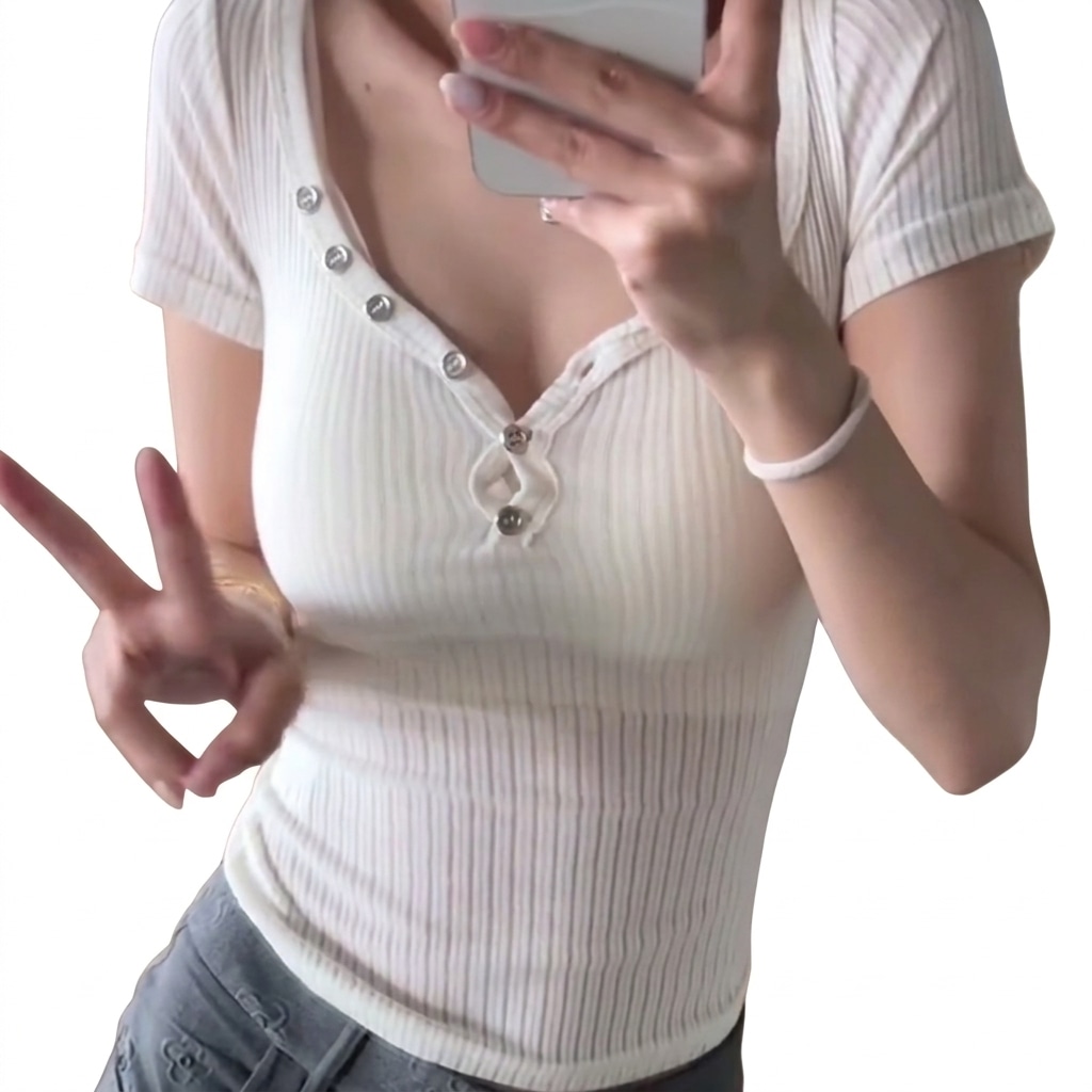 レディース Tシャツ Vネック 半袖 リブニット タイト スリム ヘンリーネック ボタン トップス 透け感 セクシー インナー カジュアル ストレッチ 無地 フィット 春 夏 おしゃれ カットソー 重