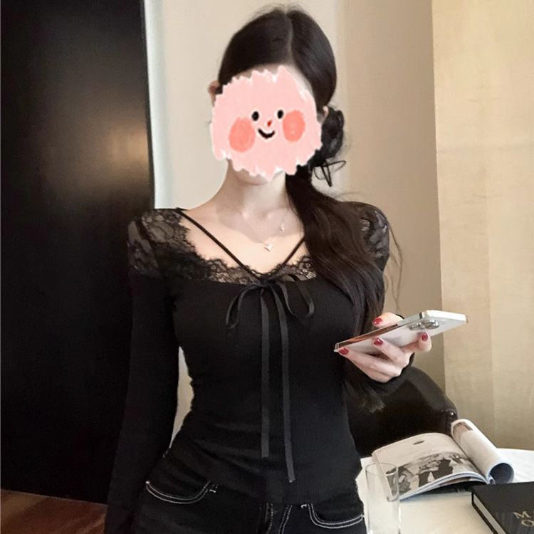 ニット レディース 長袖 カットソー Vネック レース 切り替え リボン タイト トップス きれいめ セクシー 無地 着痩せ カジュアル 秋 冬 春 ダークブラウン スマホストラップ セット