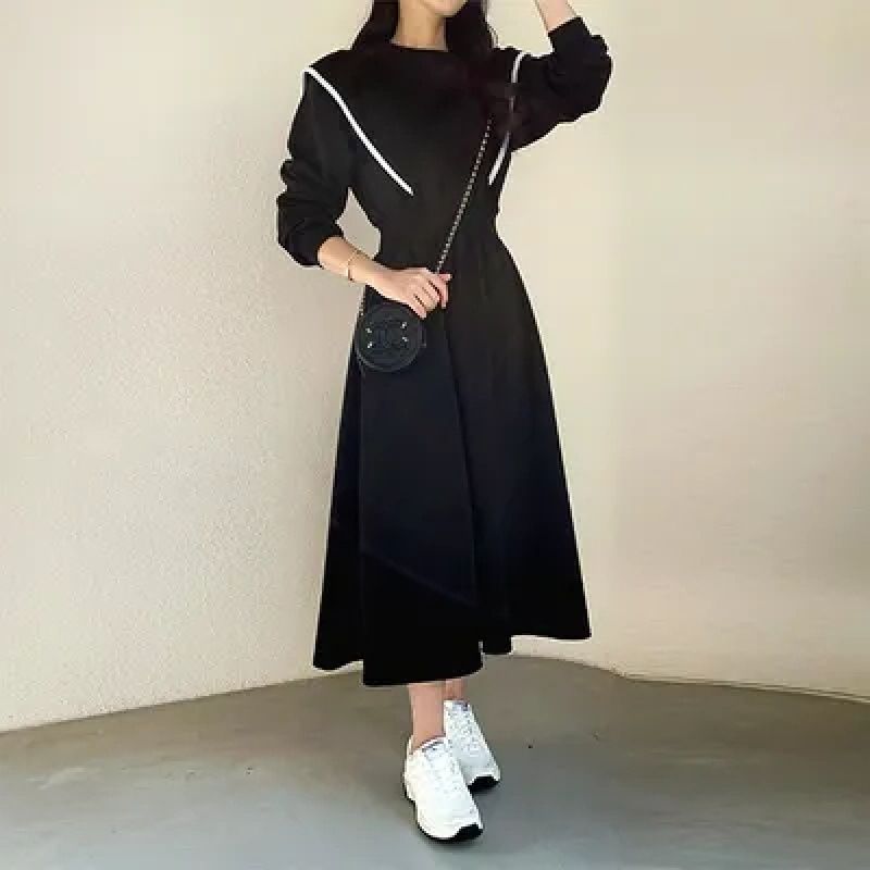ワンピース レディース ロング 長袖 配色 パイピング Aライン フレア ウエストマーク 膝丈 ミモレ丈 クルーネック レトロ フレンチ 大人 上品 清楚 きれいめ お洒落 通勤 デート 春 秋 冬