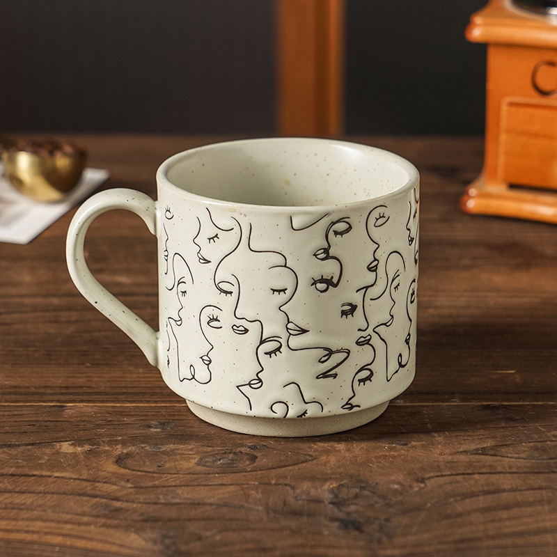 マグカップ おしゃれ 北欧 陶器 コーヒーカップ 抽象画 ラインアート ティーカップ 310ml インテリア 雑貨 レトロ 手書き風 モダン コップ カップ スタッキング プレゼント ギフト 贈り物